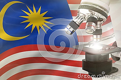 Microscope on Malaysia flag background - science development concept. Research in genetics or biology 3D illustration of object Cartoon Illustration