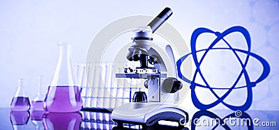 Microscope in medical laboratory glassware Stock Photo