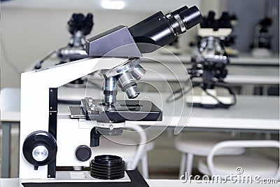 microscope optical instrument capable of magnifying images of very small objects thanks to its resolving power Stock Photo