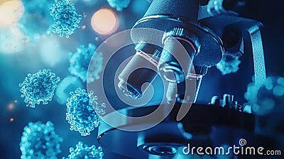 Microscope placed on a laboratory table with another microscope inside its viewing lens Stock Photo