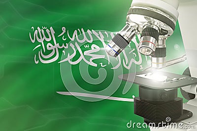 Saudi Arabia science development concept - microscope on flag background. Research in medicine or physics 3D illustration of Cartoon Illustration