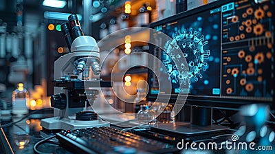 A microscope sits on a desk in a lab, a computer screen displaying a digital image of a virus Stock Photo
