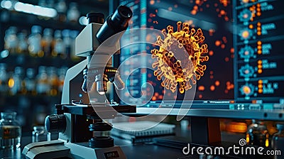 A microscope sits in front of a computer screen displaying a digital model of a virus. The image represents scientific research Stock Photo