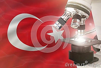 Microscope on Turkey flag background - science development concept. Research in pharmaceutical industry or healthcare 3D Cartoon Illustration