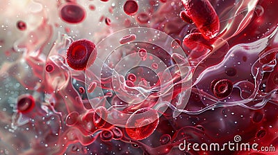 Microscope View of Red Blood Cells Surrounded by Bokeh Lights in Bloodstream. Generative AI Stock Photo