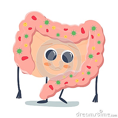 Microscopic bad bacterias. microflora, viruses in sick unhealthy Intestine. Vector flat illustration icon cartoon. Cartoon Illustration