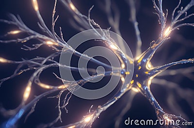 Microscopic Brain Cells:Glowing Synapses and Dendrites under Microscope. Generative ai. Stock Photo