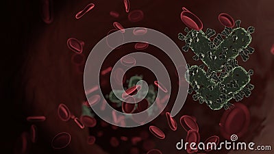 microscopic 3D rendering view of virus shaped as symbol of angle double down inside vein with red blood cells Stock Photo