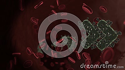 microscopic 3D rendering view of virus shaped as symbol of angle double right inside vein with red blood cells Stock Photo