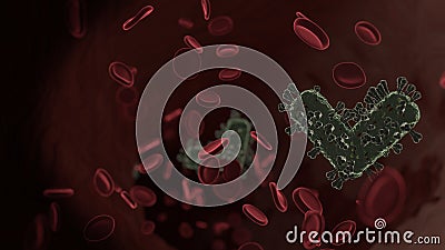 microscopic 3D rendering view of virus shaped as symbol of angle down inside vein with red blood cells Stock Photo