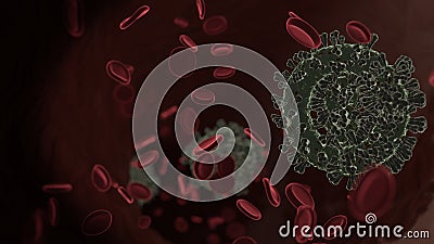microscopic 3D rendering view of virus shaped as symbol of diagram inside vein with red blood cells Stock Photo