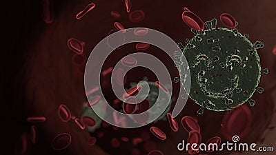 microscopic 3D rendering view of virus shaped as symbol of emoticons happy inside vein with red blood cells Stock Photo