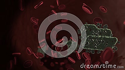 microscopic 3D rendering view of virus shaped as symbol of folder open inside vein with red blood cells Stock Photo