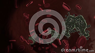microscopic 3D rendering view of virus shaped as symbol of glass cheers inside vein with red blood cells Stock Photo