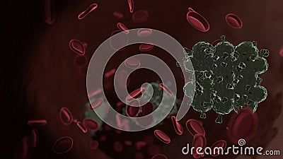 microscopic 3D rendering view of virus shaped as symbol of heating inside vein with red blood cells Stock Photo
