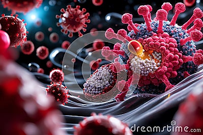 A microscopic 3D rendering of a virus with red spikes, surrounded by other viruses and cells. The image emphasizes the danger of Stock Photo