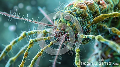 A microscopic giant resembling a giant robot with its elongated body and multiple appendages hunting and devouring Stock Photo