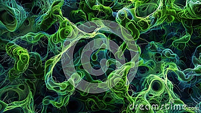 A microscopic image of various species of algae intertwined and intertwined in a chaotic yet mesmerizing pattern. Some Stock Photo