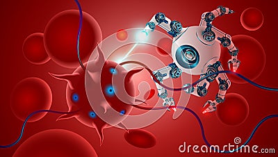 Microscopic nano robot kills disease-causing bacteria inside the human body. nanorobot in blood flow among cells hemoglobin. Vector Illustration