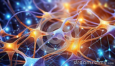 Microscopic neural network abstraction. Interconnected neurons at microscopic scale. 3D rendering Stock Photo