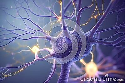 Microscopic of Neural network Brain cells, Human nervous system. Signals in neurons in brain, of neural network. Purple color and Stock Photo