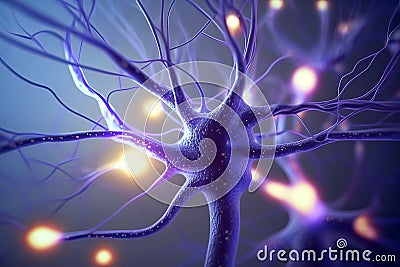 Microscopic of Neural network Brain cells, Human nervous system. Signals in neurons in brain, of neural network. Stock Photo