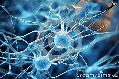 Microscopic of Neuron brain cell network. Interconnected nerve cells with electrical pulses. Generative AI Stock Photo