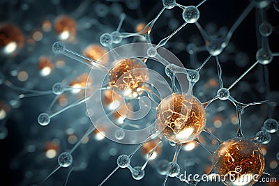 Microscopic of Neuron brain cell network. Interconnected nerve cells with electrical pulses. Generative AI Stock Photo