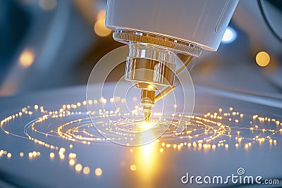 Microscopic Precision Laser Creating Intricate Circular Patterns on Metallic Surface. Golden Light Illuminates the Process Stock Photo