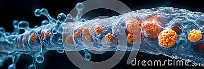 Microscopic rendering of a complex molecular structure,highlighting the intricate details and patterns at the nanoscale level. Stock Photo