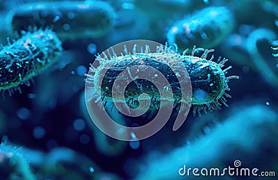 Microscopic view of bacteria with cilia on a deep blue background. Stock Photo