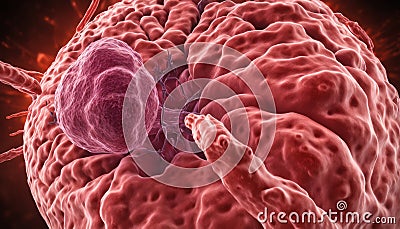 A microscopic view of a cell, possibly a virus or bacteria, with a pink nucleus and red cytoplasm Stock Photo