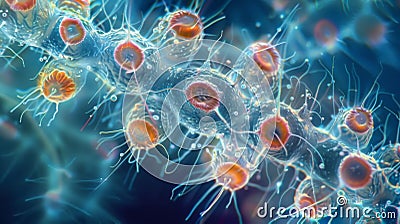 A microscopic view of a ciliate colony where several individual ciliates have formed a symbiotic relationship. The Stock Photo