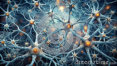 Microscopic view of a complex neural network showing interconnected neurons and synaptic activity. Generative AI Stock Photo