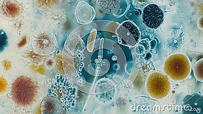 Microscopic view of diverse microorganisms, showing various shapes, sizes, and colors in a complex, detailed scene Stock Photo