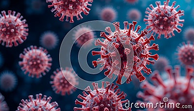 Microscopic view of HMPV particles, A close-up depiction of round virus particles with spiky surfaces Stock Photo