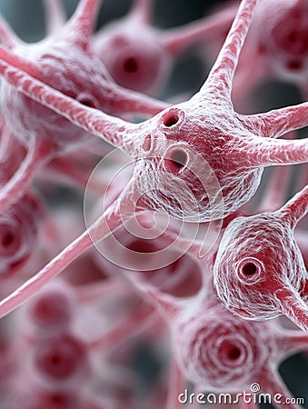Microscopic view of interconnected neurons, exhibiting complex branching structures and synaptic connections Stock Photo