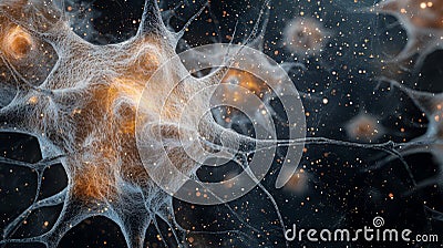 A microscopic view of a neuron, a nerve cell with branching dendrites and an axon. This intricate structure is the basis of the Stock Photo