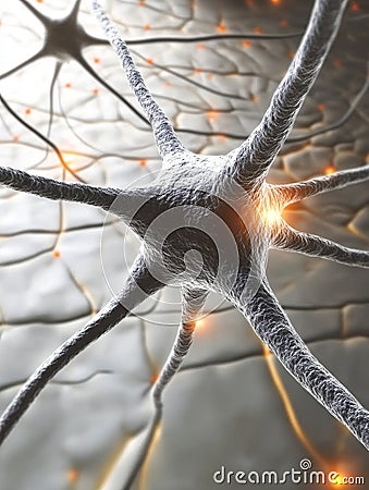 Microscopic view of a neuron synapse with glowing electrical impulses, illustrating the complexity of brain function and Stock Photo