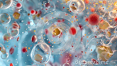 A microscopic view of plasma with floating red and white cells and tiny particles such as glucose and electrolytes Stock Photo