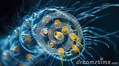 A microscopic view of a rotifers system with tiny eggs visible inside its body. The complex process of reproduction in Stock Photo