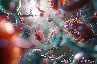 Microscopic view of a virus inside the bloodstream, AI Generated. Stock Photo