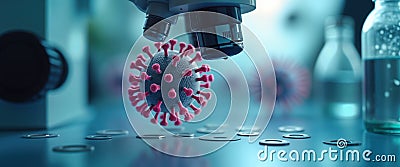Microscopic view of virus particle under lab microscope. Close-up shows virus structure, details. Lab tech examines virus Stock Photo