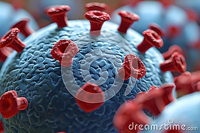 Microscopic View of a Virus with Red Protein Spikes in Detailed 3D Rendering Generative AI Cartoon Illustration
