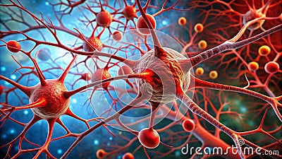 Microscopic visualization of a complex neural network structure featuring intricate dendritic arborization and synaptic Stock Photo