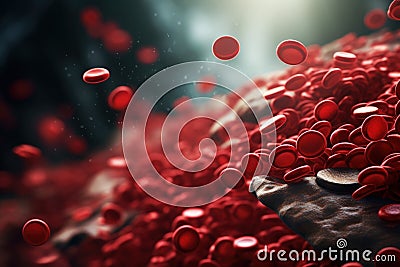 In microscopic world, countless vibrant erythrocytes, red blood cells, traverse circulatory system, tirelessly carrying Stock Photo