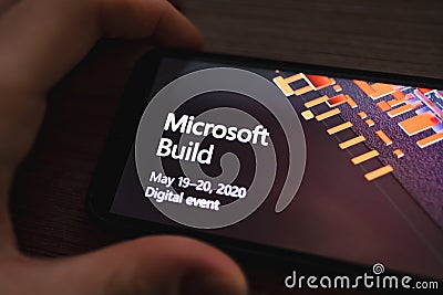 Microsoft Build online conference logo on the smartphone screen. Editorial Stock Photo