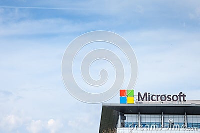Microsoft logo on their main office for Serbia Microsoft Development Center. Editorial Stock Photo