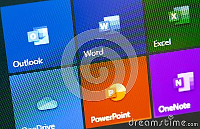 Microsoft Office icon apps on the display notebook closeup. Editorial Stock Photo