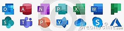 Microsoft Office 365: Outlook, Access, OneNote, Publisher, Word, Excel, SharePoint, Teams, PowerPoint, Yammer, OneDrive, Skype. Vector Illustration